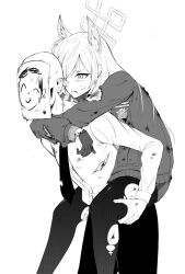 Rule 34 | 1boy, 1girl, animal ears, bald, bleeding, blood, blue archive, carrying, cuts, doodle sensei (blue archive), extra ears, greyscale, hair over one eye, halo, highres, injury, jacket, jakobi, kanna (blue archive), long hair, long sleeves, looking at another, monochrome, necktie, pants, pantyhose, paper on head, piggyback, police badge, scratches, sensei (blue archive), sharp teeth, shirt, simple background, spoilers, teeth, torn clothes, torn jacket, torn pantyhose, torn shirt, white background