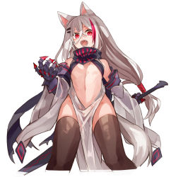 Rule 34 | 1girl, animal ear fluff, animal ears, bare shoulders, black gloves, brown thighhighs, cropped legs, eyebrows hidden by hair, fangs, gloves, grey hair, hair between eyes, hair ornament, hairclip, highres, holding, holding sword, holding weapon, long hair, multicolored hair, navel, open mouth, original, red eyes, red hair, revealing clothes, sharp teeth, simple background, solo, streaked hair, sword, sword behind back, tail, teeth, thighhighs, tori (10ri), very long hair, weapon, white background