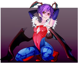 Rule 34 | 1girl, animal print, arms up, bat print, bat wings, boots, capcom, elbow gloves, gloves, grin, head wings, kneeling, leotard, lilith aensland, pantyhose, print pantyhose, purple hair, red eyes, short hair, smile, solo, squatting, stretching, vampire (game), wings, zuroo