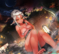 Rule 34 | 1girl, artist name, bare legs, bare shoulders, barefoot, breast hold, breasts, cleavage, closed mouth, colored skin, covering privates, dark-skinned female, dark skin, demon girl, dutch angle, feet, foreshortening, hair between eyes, hair bun, hair ornament, highres, horns, large breasts, leaf, lips, looking down, maple leaf, naked towel, night, night sky, nude cover, onsen, original, outdoors, pointy ears, red skin, short hair, silver hair, single hair bun, sky, soaking feet, solo, star (symbol), star hair ornament, steam, toes, towel, vana, wet, yellow eyes