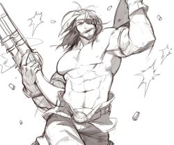 Rule 34 | 1boy, abs, bara, bullet, cowboy shot, elbow gloves, eugen (granblue fantasy), eyepatch, gloves, gomtang, granblue fantasy, greyscale, gun, holding, holding gun, holding weapon, large pectorals, looking at viewer, male focus, mature male, medium hair, monochrome, muscular, muscular male, navel, navel hair, nipples, pectorals, rifle, topless male, sketch, smile, solo, stomach, weapon, wind