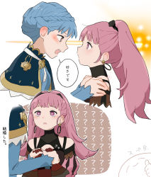 Rule 34 | 2girls, ?, ??, bad id, bad twitter id, blue hair, blush, braid, commentary request, confession, crown braid, earrings, eye contact, female focus, fire emblem, fire emblem: three houses, hands on another&#039;s shoulders, highres, hilda valentine goneril, holding hands, jewelry, long hair, looking at another, marianne von edmund, matching hair/eyes, multiple girls, nintendo, open mouth, pink eyes, pink hair, ponytail, profile, thumbs up, translated, yano (spirit1022), yuri