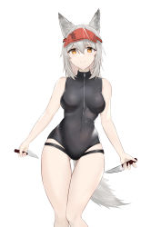 Rule 34 | 1girl, absurdres, animal ears, arknights, bare legs, black one-piece swimsuit, breasts, brown eyes, closed mouth, covered navel, dual wielding, feet out of frame, gluteal fold, grey hair, hair between eyes, hat, highres, holding, holding knife, holding weapon, knife, large breasts, looking at viewer, official alternate costume, one-piece swimsuit, projekt red (arknights), projekt red (light breeze) (arknights), red hat, sarea (sarea2020), short hair, simple background, solo, standing, swimsuit, tail, thigh gap, visor cap, weapon, white background, wolf ears, wolf girl, wolf tail
