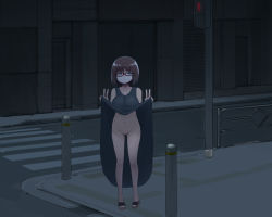 Rule 34 | 1girl, blue eyes, brown hair, building, city, clothes lift, crosswalk, double v, dress, dress lift, exhibitionism, flashing, full body, glasses, grey dress, highres, lifting own clothes, looking at viewer, mask, mouth mask, navel, night, no panties, no pussy, original, outdoors, public indecency, rainen ganbarimashita, red-framed eyewear, road, sandals, short hair, solo, standing, traffic light, v