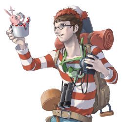 Rule 34 | 1boy, animification, backpack, bag, belt, binoculars, brown hair, camera, cup, facial hair, glasses, hat, highres, holding, kirenenko (usavich), long sleeves, male focus, open mouth, pamphlet, pomodorosa, randoseru, reading, shirt, short hair, shovel, simple background, smile, snorkel, solo, striped clothes, striped shirt, stubble, t-shirt, usavich, wally (where&#039;s wally), where&#039;s wally, white background, worktool