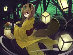 Rule 34 | 1girl, animal ears, brown flower, brown hair, closed mouth, commentary request, flower, highres, holding, japanese clothes, kamameshi gougoumaru, kimono, lantern, leaf, leaf on head, long sleeves, looking at viewer, looking back, obi, original, parted lips, raccoon ears, raccoon tail, red eyes, sash, solo, standing, striped clothes, striped kimono, tail, tanuki, vertical stripes, white flower, wide sleeves, yellow kimono, yukata