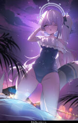 Rule 34 | 1girl, absurdres, aircraft, airplane, bare legs, bare shoulders, black one-piece swimsuit, blue archive, blue halo, dated, feet out of frame, frilled one-piece swimsuit, frills, gluteal fold, grey hair, groin, halo, highres, innertube, long hair, looking at viewer, miyako (blue archive), miyako (swimsuit) (blue archive), night, off-shoulder one-piece swimsuit, off shoulder, official alternate costume, one-piece swimsuit, one eye closed, open mouth, outdoors, partially submerged, ponytail, pool, purple eyes, redmu4624kkp, ship, signature, smile, solo, swimsuit, water, watercraft, wet