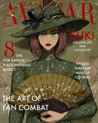 Rule 34 | 1girl, avatar: the last airbender, avatar legends, blue eyes, breasts, chasefox, chinese clothes, cover, english text, eyeshadow, facing viewer, fake magazine cover, fashion, folding fan, hand fan, hat, highres, holding, holding fan, lipstick, magazine cover, makeup, mascara, mismatched eyebrows, red eyeshadow, red lips, short hair, solo, suki (avatar), thick eyebrows, tsurime, twitter username, upper body