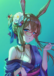 Rule 34 | 1girl, :o, amiya (arknights), animal ears, arknights, bare shoulders, blue background, blue eyes, blue ribbon, blush, breasts, brown hair, carrot, choker, cleavage, collarbone, dddsunsky, flower, glasses, gradient background, green background, hair between eyes, hair flower, hair ornament, hair over breasts, hair ribbon, highres, holding, holding smoking pipe, japanese clothes, jewelry, kimono, larten crepsley, long hair, looking at viewer, open clothes, parted lips, rabbit ears, ribbon, ring, saliva, saliva trail, sidelocks, smoking pipe, solo