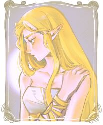 Rule 34 | 1girl, absurdres, bare shoulders, blonde hair, border, bracer, breasts, closed mouth, dress, green eyes, grey background, hair flowing over, hand on own shoulder, hand up, highres, jungujun, long hair, looking down, medium breasts, nintendo, pointy ears, princess zelda, profile, sidelocks, solo, strapless, strapless dress, the legend of zelda, the legend of zelda: breath of the wild, upper body, white dress