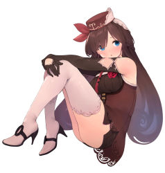 Rule 34 | 1girl, :o, ass, bad id, bad pixiv id, bare shoulders, black footwear, black gloves, blue eyes, blush, breasts, brown dress, brown hair, brown hat, commentary request, dress, elbow gloves, flower, full body, furukawa itsuse, gloves, hair over one eye, haruno nano, hat, high heels, iriam, knees up, large breasts, long hair, necktie, parted lips, red flower, red necktie, red ribbon, red rose, ribbed dress, ribbon, rose, shoes, simple background, sitting, solo, thighhighs, tie clip, very long hair, virtual youtuber, white background, white thighhighs