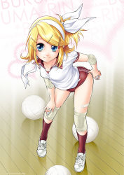 Rule 34 | 1girl, adjusting buruma, adjusting clothes, arm support, ball, bandages, bandaid, bandaid on arm, blonde hair, blue eyes, buruma, elbow pads, full body, gym uniform, hair ornament, hair ribbon, hairband, hairclip, hand on own knee, highres, kagamine rin, kitano tomotoshi, knee pads, leaning forward, legs, looking at viewer, red socks, reflective floor, ribbon, short hair, side ponytail, smile, socks, solo, standing, vocaloid, wooden floor