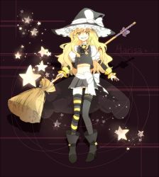 Rule 34 | 1girl, adapted costume, asymmetrical legwear, bad id, bad pixiv id, black thighhighs, blonde hair, boots, broom, character name, detached sleeves, female focus, full body, hat, high heels, highres, kirisame marisa, long hair, looking at viewer, midriff, miniskirt, mismatched legwear, navel, puffy sleeves, shoes, skirt, smile, sofy, solo, star (symbol), striped clothes, striped thighhighs, thighhighs, touhou, witch, witch hat, wrist cuffs, yellow eyes, zettai ryouiki