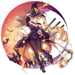 Rule 34 | 1girl, alternate costume, azur lane, black hat, black pantyhose, blonde hair, blush, bow, breasts, broom, cleavage, closed mouth, full body, hat, hat bow, high heels, highres, jack-o&#039;-lantern, kaede (yumesaki kaede), lantern, large breasts, long hair, looking at viewer, nelson (azur lane), nelson (luna witch) (azur lane), official art, orange bow, pantyhose, red eyes, round image, solo, transparent background, twintails, very long hair, witch hat