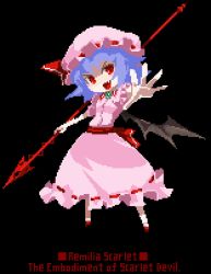 Rule 34 | 1girl, bat wings, blue hair, dress, female focus, foreshortening, full body, hat, lowres, oso (toolate), pixel art, polearm, red eyes, remilia scarlet, short hair, solo, spear, spear the gungnir, standing, touhou, transparent background, weapon, wings
