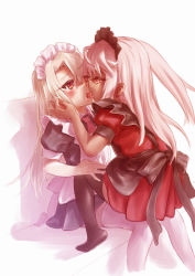 Rule 34 | 2girls, alternate costume, apron, back bow, black apron, black dress, black legwear, blonde hair, blush, bow, chair, chloe von einzbern, dark-skinned female, dark skin, dress, drooling, eye contact, fate/kaleid liner prisma illya, fate (series), feet, female focus, french kiss, from behind, half-closed eyes, hand up, illyasviel von einzbern, kiss, long hair, looking at another, lunalu9, maid, maid apron, maid headdress, multiple girls, necktie, no shoes, one side up, open mouth, platinum blonde hair, puffy short sleeves, puffy sleeves, red dress, red eyes, red neckwear, saliva, short sleeves, simple background, sitting, sitting on lap, sitting on person, tears, thighhighs, tongue, tongue out, white apron, white background, white legwear, yuri