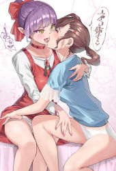 Rule 34 | 2girls, bow, brown hair, choker, closed eyes, commentary request, dress, french kiss, gegege no kitarou, hair bow, hair ornament, hairclip, inuyama mana, kiss, md5 mismatch, multiple girls, nail polish, nekomusume, nekomusume (gegege no kitarou 6), open mouth, panties, pointy ears, ponytail, purple hair, red bow, red choker, red dress, red nails, resolution mismatch, shiratama (monster1553), short hair, short ponytail, sitting, source larger, speech bubble, star (symbol), starry background, translation request, underwear, white panties, yellow eyes, yuri