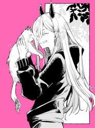 Rule 34 | 1girl, ^ ^, animal, blush, cat, chainsaw man, closed eyes, commentary request, from side, grin, hair between eyes, hands up, highres, holding, holding animal, hood, hood down, hoodie, horns, long hair, long sleeves, meowy (chainsaw man), mito (go!go!king!), monochrome, pointy ears, power (chainsaw man), puffy long sleeves, puffy sleeves, sharp teeth, smile, teeth, very long hair