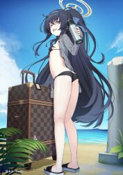 Rule 34 | 1girl, ass, beach, bikini, black bikini, black hair, blue archive, breasts, butt crack, day, female focus, grey jacket, hair between eyes, hairband, halo, hibi tsuna, highres, holding, jacket, long hair, long sleeves, lossy-lossless, official alternate costume, open clothes, open jacket, outdoors, ponytail, purple eyes, purple hairband, slippers, small breasts, solo, swimsuit, twitter username, ui (blue archive), ui (swimsuit) (blue archive), webp-to-png conversion, yellow halo