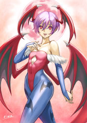 Rule 34 | 1girl, animal print, artist name, bare shoulders, bat print, blue gloves, blue pantyhose, breasts, bridal gauntlets, covered navel, cowboy shot, demon girl, eiwa, gloves, hair between eyes, hand up, head wings, highres, leotard, lilith aensland, looking at viewer, low wings, moon, open mouth, pantyhose, print pantyhose, purple hair, red eyes, red leotard, short hair, small breasts, smile, solo, vampire (game), wings