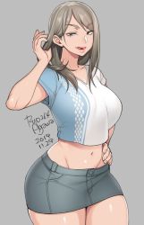 Rule 34 | 1girl, agawa ryou, breasts, brown eyes, brown hair, commentary, crop top, dated, english commentary, grey background, grey skirt, groin, hair flip, hand on own hip, large breasts, licking lips, lips, looking at viewer, medium hair, miniskirt, naughty face, navel, original, shirt, signature, skirt, solo, t-shirt, thighs, tongue, tongue out