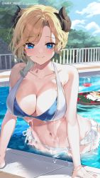 Rule 34 | 1girl, banned artist, bikini, black horns, blonde hair, blue eyes, blue sky, breasts, closed mouth, cloud, cup, day, drinking glass, enohoshi pechika, highres, horns, indie virtual youtuber, large breasts, looking at viewer, multicolored bikini, multicolored clothes, outdoors, parted bangs, pool, sake dong, short hair, sky, smile, solo, swimsuit, virtual youtuber, water, wet, white bikini, wine glass
