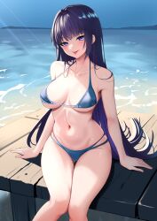 Rule 34 | 1girl, beach, bikini, black hairband, blue bikini, blue sky, blunt bangs, breasts, chinese commentary, commentary request, day, defaultkavy, feet out of frame, hairband, highres, honkai (series), honkai impact 3rd, horizon, large breasts, long hair, looking at viewer, multi-strapped bikini, navel, ocean, outdoors, pier, raiden mei, sky, solo, swimsuit, tongue, tongue out