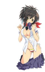Rule 34 | 10s, 1girl, asuka (senran kagura), between breasts, bikini, bikini under clothes, breasts, breasts squeezed together, cleavage, clothes pull, food, high ponytail, large breasts, makizushi, neckerchief, necktie, no bra, official art, panties, ponytail, scarf, senran kagura, sexually suggestive, short hair, side-tie bikini bottom, skirt, skirt pull, solo, standing, sushi, swimsuit, transparent background, underwear, undressing