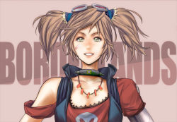 Rule 34 | 1girl, bandaid, bandaid on face, blush, borderlands (series), borderlands 2, brown hair, choker, cyborg, gaige, goggles, goggles on head, green eyes, highres, jewelry, keikei01, long hair, looking at viewer, necklace, simple background, smile, solo, twintails, upper body, vest