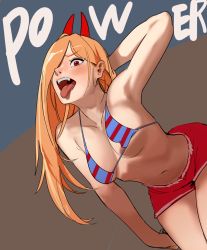 Rule 34 | 1girl, arm behind head, armpits, bent over, bikini, bikini top only, breasts, chainsaw man, demon horns, fangs, from below, highres, hong doo, horns, long hair, looking at viewer, medium breasts, micro bikini, navel, nose, orange hair, power (chainsaw man), red eyes, red horns, red shorts, sharp teeth, shorts, solo, swimsuit, teeth, tongue, tongue out, underboob, upper body, upper teeth only