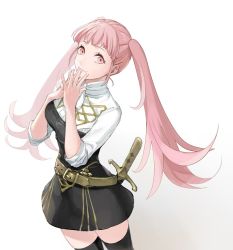 Rule 34 | 1girl, belt, black thighhighs, breasts, closed mouth, female focus, fire emblem, fire emblem: three houses, garreg mach monastery uniform, hilda valentine goneril, large breasts, long hair, looking at viewer, matching hair/eyes, mikami, nintendo, pink eyes, pink hair, sheath, sheathed, short sleeves, simple background, smile, solo, standing, sword, thighhighs, thighs, twintails, uniform, weapon, white background, zettai ryouiki