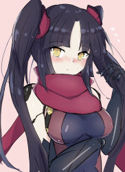 Rule 34 | 1girl, alternate hairstyle, arm under breasts, black hair, blush, fate/grand order, fate (series), hand in own hair, highres, katou danzou (fate), mechanical arms, moyashi (pixiv44153669), ninja, parted bangs, scarf, simple background, single mechanical arm, solo, twintails day, yellow eyes