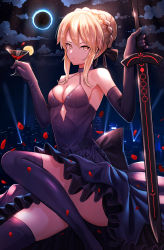 Rule 34 | 1girl, absurdres, artoria pendragon (all), artoria pendragon (fate), black thighhighs, blonde hair, braid, breasts, cherry, cleavage, cloud, cocktail glass, cup, drinking glass, eclipse, elbow gloves, excalibur morgan (fate), fate/grand order, fate (series), food, french braid, fruit, gloves, highres, lemon, lemon slice, looking at viewer, medium breasts, pasoputi, petals, saber alter, sidelocks, solo, thighhighs, thighs, yellow eyes