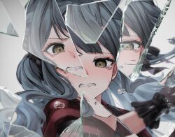 Rule 34 | 1girl, app filter, bang dream!, bang dream! it&#039;s mygo!!!!!, black gloves, black ribbon, blue hair, clenched teeth, commentary request, crying, crying with eyes open, floating hair, gloves, grey background, hair ribbon, highres, long hair, looking at viewer, meu203, red shirt, ribbon, shirt, solo, tears, teeth, togawa sakiko, upper body, yellow eyes