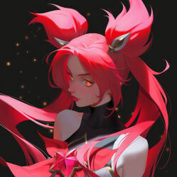 Rule 34 | 1girl, absurdres, asami okutoshioku, bare shoulders, black background, blush, breasts, closed mouth, hair ornament, highres, jinx (league of legends), league of legends, long hair, magical girl, official alternate costume, official alternate hair color, red eyes, red hair, simple background, solo, star (symbol), star guardian (league of legends), star guardian jinx, twintails