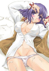 Rule 34 | 00s, 1girl, adjusting hair, aftersex, arms up, blush, breasts, cleavage, cum, cum on body, cum on lower body, dress shirt, covered erect nipples, fate/stay night, fate (series), groin, hair in own mouth, head tilt, large breasts, long hair, lying, matou sakura, navel, no bra, no pants, on back, open clothes, open shirt, panties, panty pull, purple eyes, purple hair, q-gaku, shirt, solo, underwear, vest, white panties