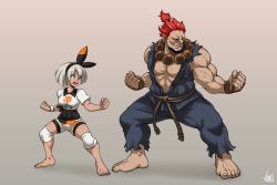 Rule 34 | 1boy, 1girl, akuma (street fighter), barefoot, bea (pokemon), beads, black bodysuit, bodysuit, bodysuit under clothes, breasts, brown gloves, clenched hands, covered navel, creatures (company), crossover, dark-skinned female, dark skin, dougi, fang, fighting stance, front-tie top, game freak, gloves, grey hair, gym leader, height difference, highres, jmg, knee pads, medium breasts, muscular, nintendo, no eyebrows, no pupils, padded gloves, pectorals, pokemon, pokemon swsh, prayer beads, print shorts, red eyes, red hair, shorts, single glove, sleeveless, street fighter, sweat, topknot