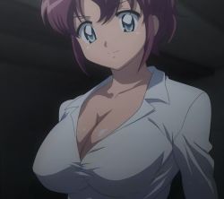 Rule 34 | 1girl, blue eyes, breasts, cleavage, dress shirt, henrietta de tristain, large breasts, open clothes, open shirt, ponytail, purple hair, screencap, shirt, short hair, solo, stitched, third-party edit, zero no tsukaima