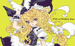 Rule 34 | 1girl, adapted costume, alternate costume, blonde hair, bow, braid, english text, female focus, hair bow, hand on headwear, hat, hat bow, holding, holding clothes, holding hat, jpeg artifacts, kirisame marisa, light smile, long hair, short sleeves, side braid, simple background, solo, tm (gf-tm), touhou, wind, witch, witch hat, yellow eyes