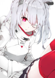 Rule 34 | 1girl, absurdres, hands in pockets, heaven burns red, highres, hood, hoodie, looking at viewer, medium hair, one eye covered, red eyes, red thighhighs, solo, thighhighs, two side up, white background, white hair, white hoodie, yamawaki bon ivar, yokogon
