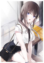 Rule 34 | 1girl, bad id, bad pixiv id, bag, black bra, black skirt, blush, bra, bra visible through clothes, breasts, brown hair, bus stop, collared shirt, day, ear piercing, emyo, handbag, lace, lace-trimmed skirt, lace trim, large breasts, leaning forward, long hair, looking at viewer, low ponytail, open mouth, original, outdoors, piercing, purple eyes, see-through, shirt, short sleeves, shoulder bag, side ponytail, sidelocks, sitting, skirt, solo, underwear, very long hair, white shirt