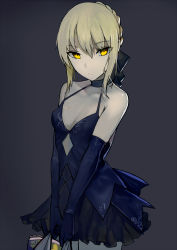 Rule 34 | 1girl, artoria pendragon (all), artoria pendragon (fate), bag, bare legs, bare shoulders, black dress, blonde hair, bow, braid, breasts, cleavage cutout, clothing cutout, dress, elbow gloves, eyebrows, fate/stay night, fate (series), gloves, grey background, hair between eyes, hair bow, hair up, holding, holding bag, looking at viewer, saber (fate), saber alter, shiny skin, shopping bag, sidelocks, sleeveless, sleeveless dress, small breasts, v arms, walzrj, yellow eyes