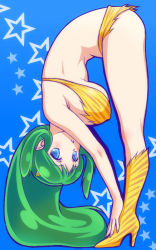 Rule 34 | 1girl, animal print, bent over, bikini, blue eyes, boots, breasts, flexible, from side, green hair, high heel boots, high heels, horns, kuroda akimi, large breasts, long hair, looking at viewer, lum, parted lips, pointy ears, sidelocks, solo, star (symbol), swimsuit, tiger print, touching toes, urusei yatsura