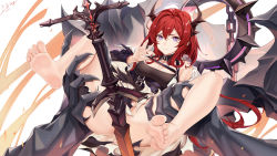 Rule 34 | 1girl, absurdres, arknights, bare legs, bare shoulders, barefoot, black dress, black jacket, breasts, buckle, carrying, chain, cleavage, closed mouth, collarbone, dated, detached collar, dress, highres, horns, huge weapon, jacket, large breasts, long hair, long sleeves, looking at viewer, lying, monster, on back, open clothes, open jacket, purple eyes, red hair, short dress, signature, simple background, smile, solo, spread legs, surtr (arknights), sword, v-shaped eyebrows, very long hair, weapon, white background, xo (xo17800108)