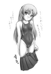 Rule 34 | 10s, 1girl, angel beats!, competition swimsuit, covered erect nipples, female focus, flat chest, greyscale, long hair, monochrome, one-piece swimsuit, school uniform, simple background, solo, swimsuit, tenshi (angel beats!), tk4, translation request, undressing, white background