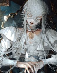 Rule 34 | 1boy, alternate costume, asclepius (fate), au (d elete), chair, collar, eyelashes, fate/grand order, fate (series), fingernails, green eyes, hair between eyes, highres, indoors, light, long hair, looking at viewer, male focus, own hands together, pale skin, picture frame, sitting, solo, upper body, white hair