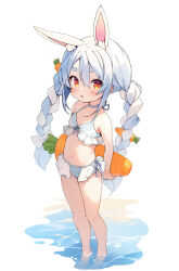 Rule 34 | 1girl, :o, aged down, animal ear fluff, animal ears, bare arms, bare legs, bare shoulders, bikini, blue hair, braid, carrot, carrot hair ornament, commentary, dot nose, extra ears, flat chest, food-themed hair ornament, frilled bikini, frills, front-tie bikini top, front-tie top, hair between eyes, hair ornament, halterneck, highres, holding, hololive, inflatable toy, long hair, looking at viewer, multicolored hair, navel, orange eyes, otter paw (otter696969), parted hair, parted lips, rabbit-shaped pupils, rabbit ears, rabbit girl, short eyebrows, side-tie bikini bottom, sidelocks, simple background, solo, standing, stomach, swimsuit, symbol-shaped pupils, thick eyebrows, twin braids, twintails, two-tone hair, usada pekora, virtual youtuber, wading, water, white background, white hair