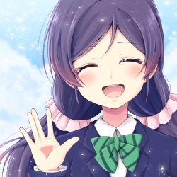 Rule 34 | 1girl, :d, blazer, blush, bow, bowtie, chiro (bocchiropafe), commentary request, facing viewer, green bow, green bowtie, hair ornament, hair scrunchie, hand up, highres, jacket, long hair, love live!, love live! school idol project, open mouth, otonokizaka school uniform, pink scrunchie, purple hair, school uniform, scrunchie, smile, solo, striped bow, striped bowtie, striped clothes, striped neckwear, teeth, tojo nozomi, twintails, upper body, upper teeth only, waving, ||/