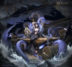 Rule 34 | 1girl, absurdly long hair, anchor, antlers, arm up, armpits, arms up, artist request, azur lane, bandaged hand, bandaged wrists, bare shoulders, barefoot, black dress, black hair, black nails, boat, breasts, bridal gauntlets, cannon, center opening, chain, cleavage, clothing cutout, copyright name, copyright notice, dress, feet, full body, golden hind (azur lane), hair between eyes, halter dress, halterneck, horns, huge breasts, jewelry, large breasts, long dress, long hair, looking at viewer, nail polish, navel, necklace, official art, open mouth, promotional art, revealing clothes, rigging, sailing ship, ship, sitting, sleeveless, sleeveless dress, smile, smoke, solo, stomach, suction cups, teeth, tentacles, toeless legwear, toenail polish, toenails, toes, torn clothes, torn dress, treasure chest, turret, upper teeth only, very long hair, water, watercraft, wrist wrap