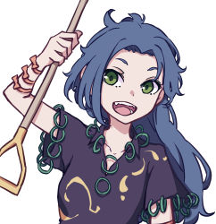 Rule 34 | 1girl, absurdres, black shirt, green eyes, grey hair, highres, himemushi momoyo, holding, holding shovel, jewelry, kame (kamepan44231), long hair, mullet, one-hour drawing challenge, open mouth, ring, romper, shirt, shovel, simple background, solo, tools, touhou, white background